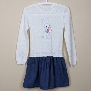 Girls Knit White and Blue Dress with Embroidered bunny and pompom